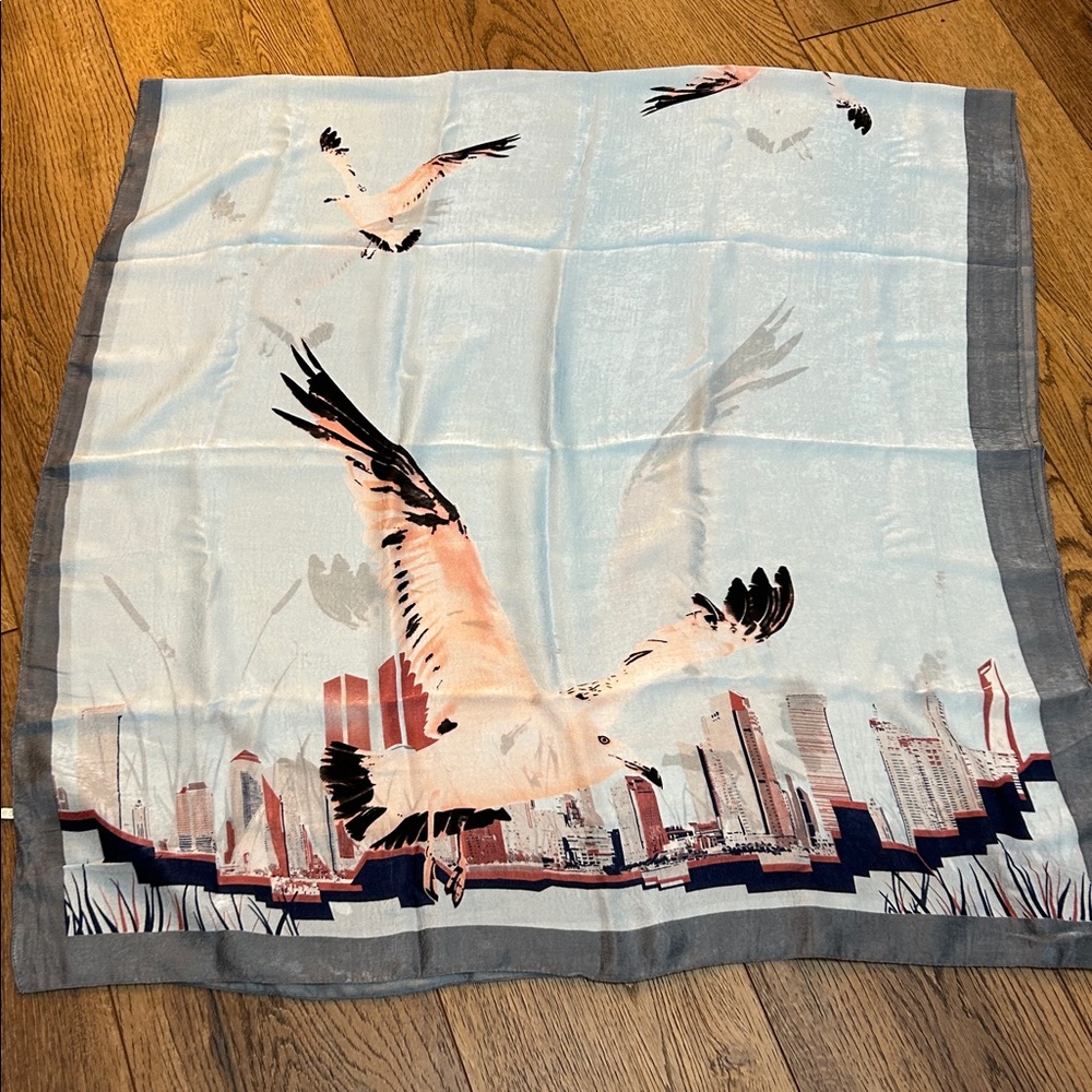 NWT Silver Lily Light Blue Seagull‎ Print Scarf/Swim Cover-Up 36X72 100% Viscose